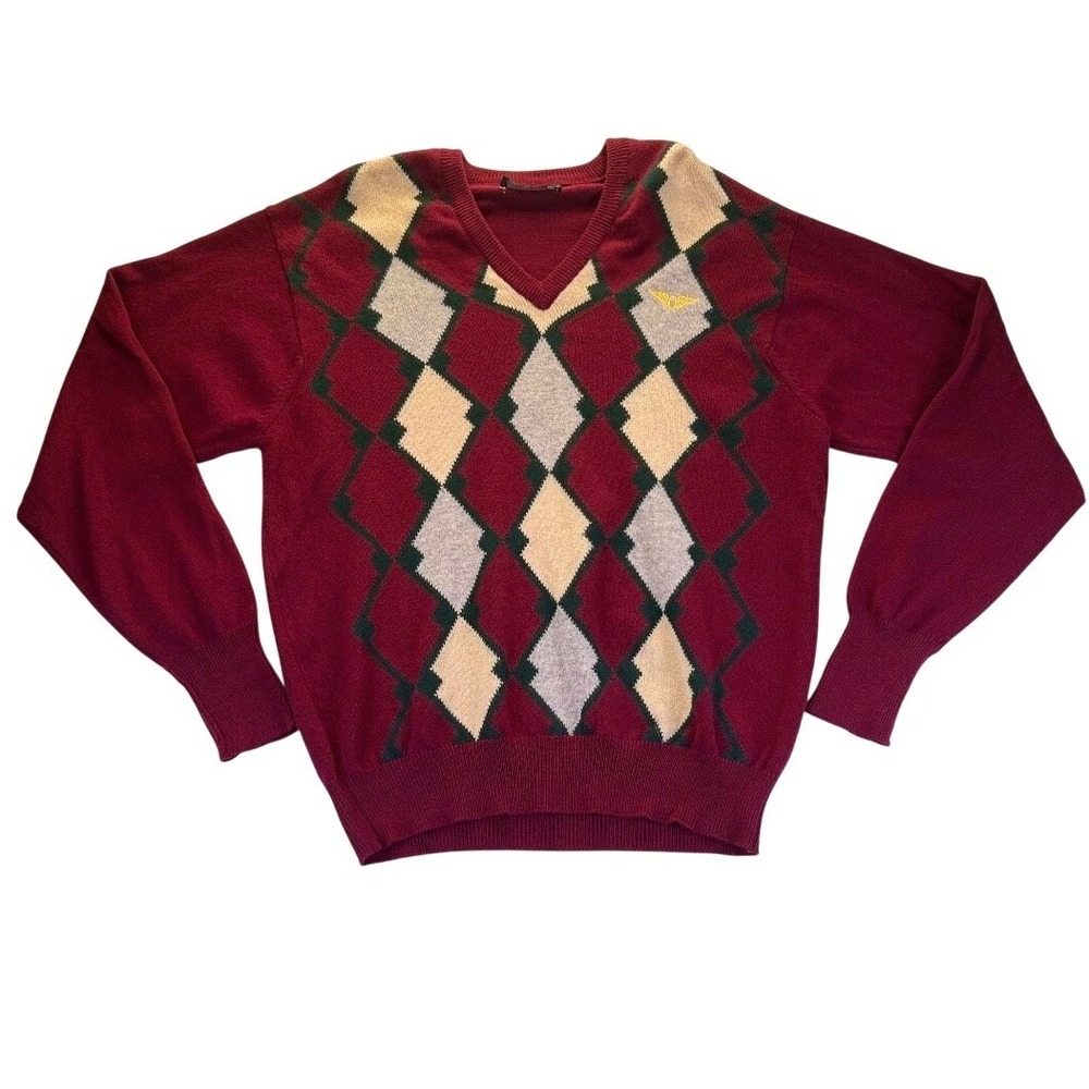 J. McInerney Vintage Ltd Men Lambswool Argyle V-Neck Sweater Burgundy L Scotland